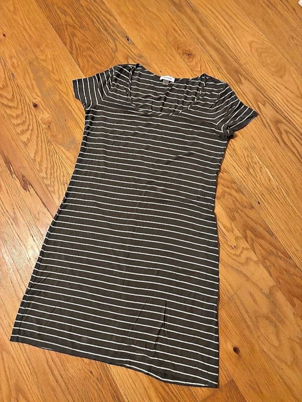 Calvin Klein Striped Mini Dress in Olive Green & White Size 10